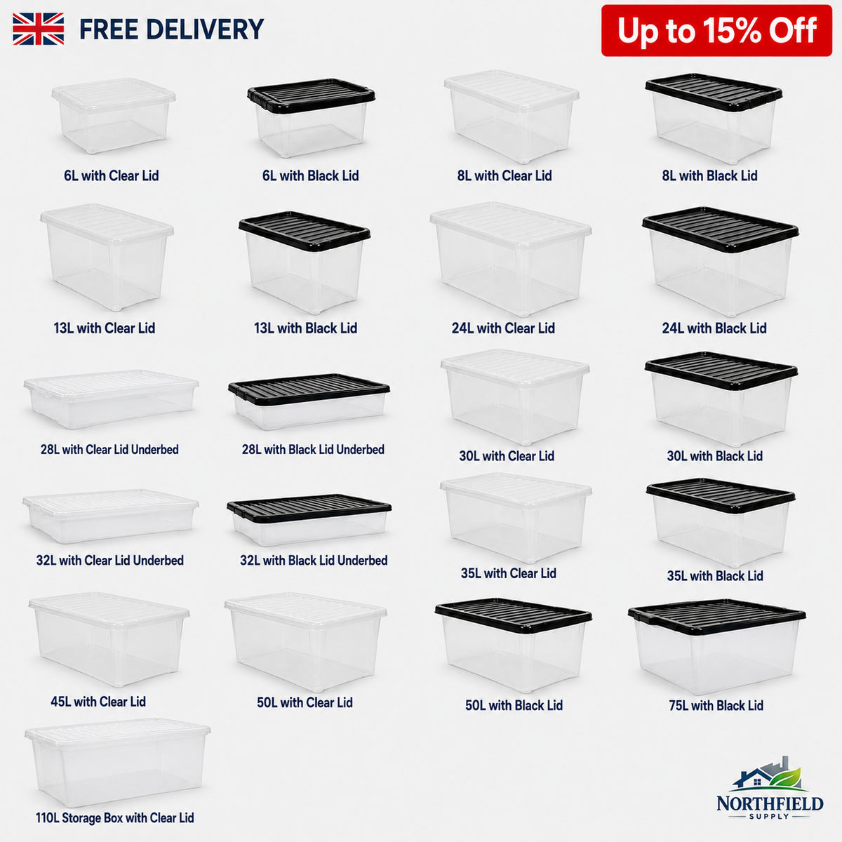 Plastic Storage Boxes With Lids Stackable Clear Home Office Kitchen Organiser