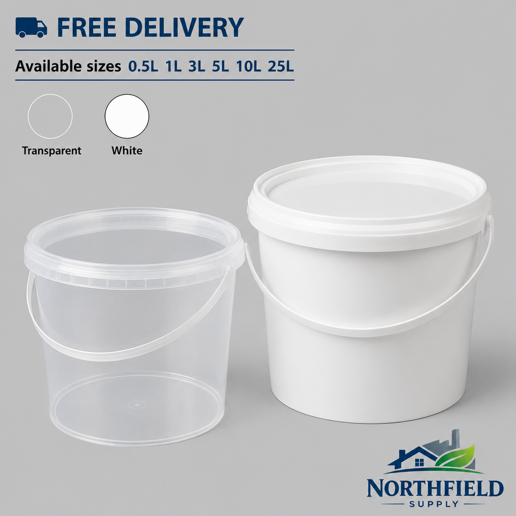 Plastic Buckets Tubs Tamper Evident Lids White Transparent 0.5L 1L 3L 5L 10L 25L