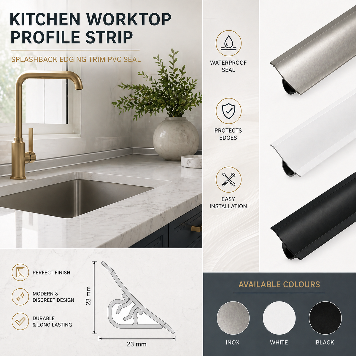 Kitchen Worktop Profile Strip Splashback Edging Trim PVC Seal 3m 23x23mm