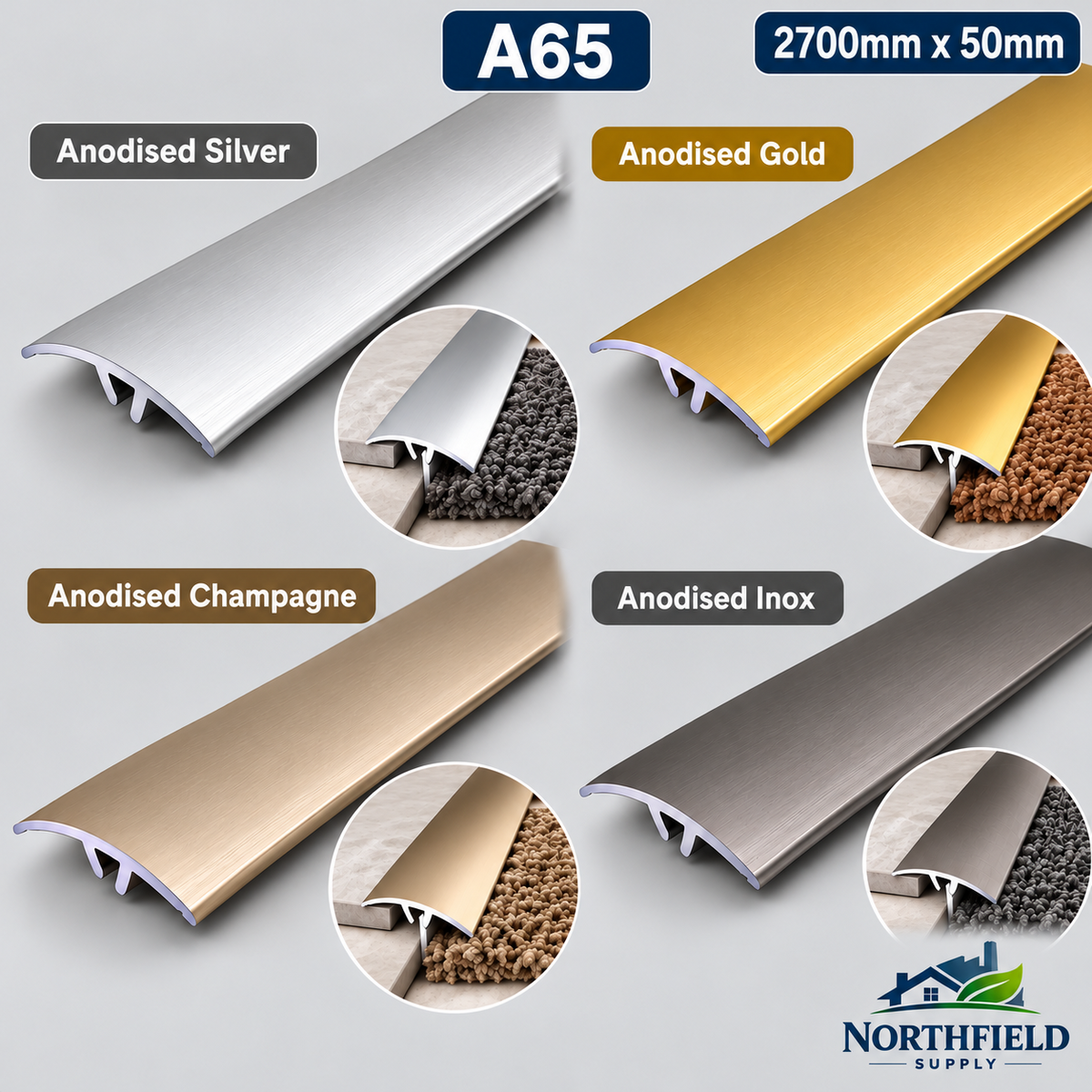 Aluminium Door Threshold Strip 50mm Floor Bar Edging Trim 2.7M Transition A65