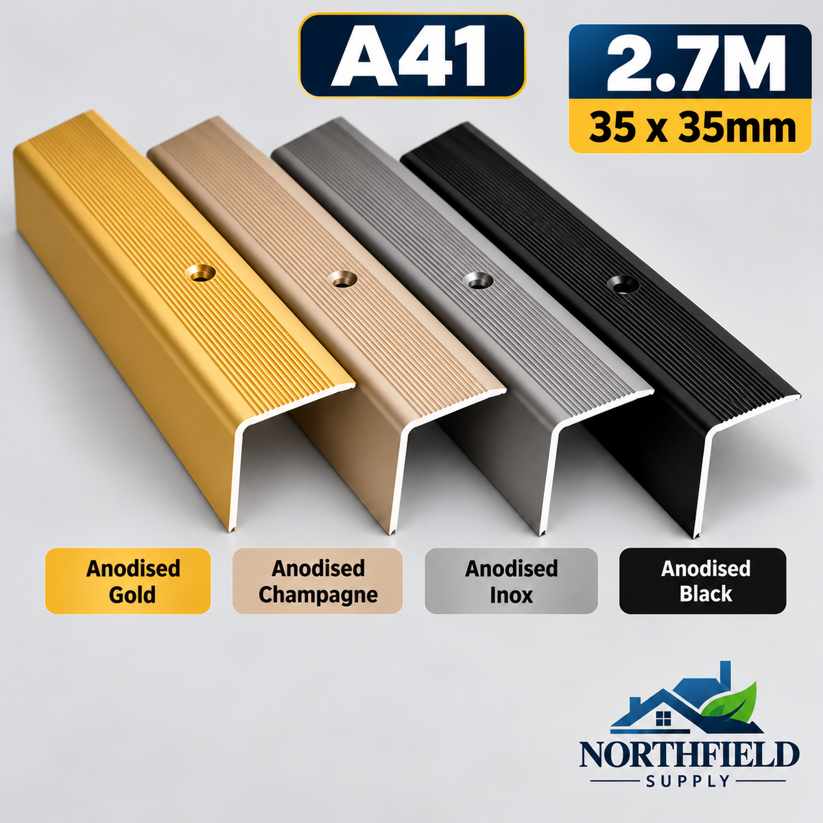 Aluminium Anti Slip Stair Nosing 35x35mm Step Edge 2.7M Edging Trim Safety A41