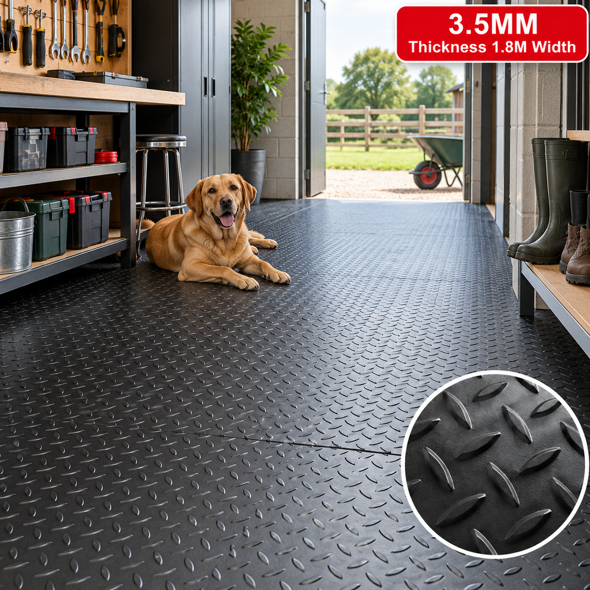 3.5mm Heavy Duty Rubber Flooring Mat Anti Slip Checker Garage 1.8m Wide