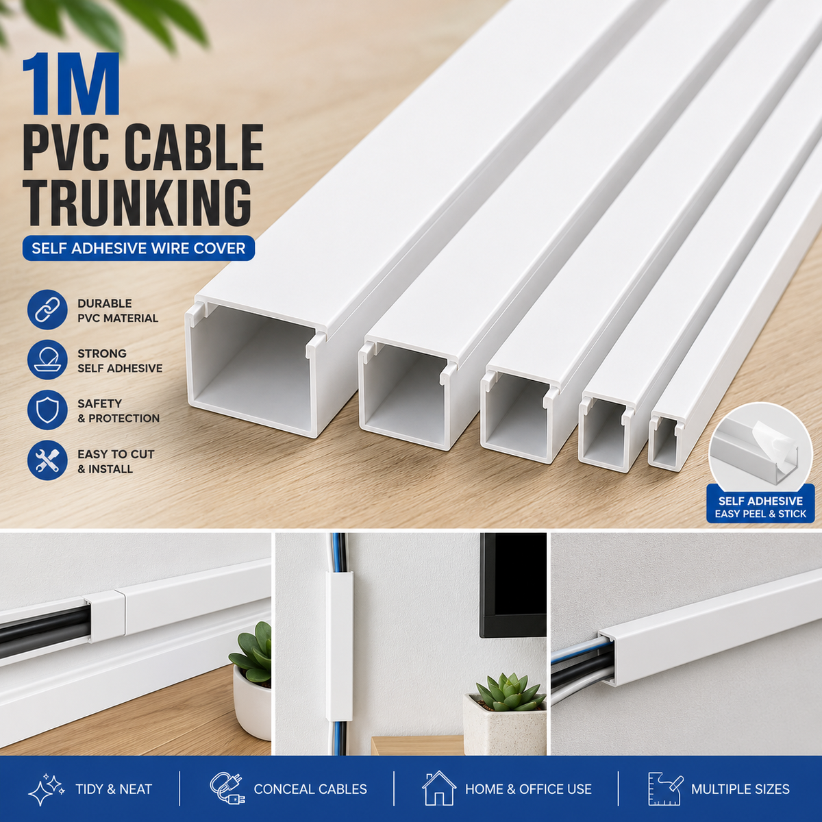 1M Self Adhesive PVC Cable Trunking Wire Cover Raceway Cable Management