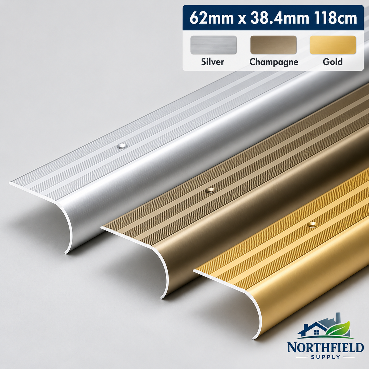 Aluminium Bullnose Stair Nosing 62x38mm 118cm Curved Step Edge Trim Protector