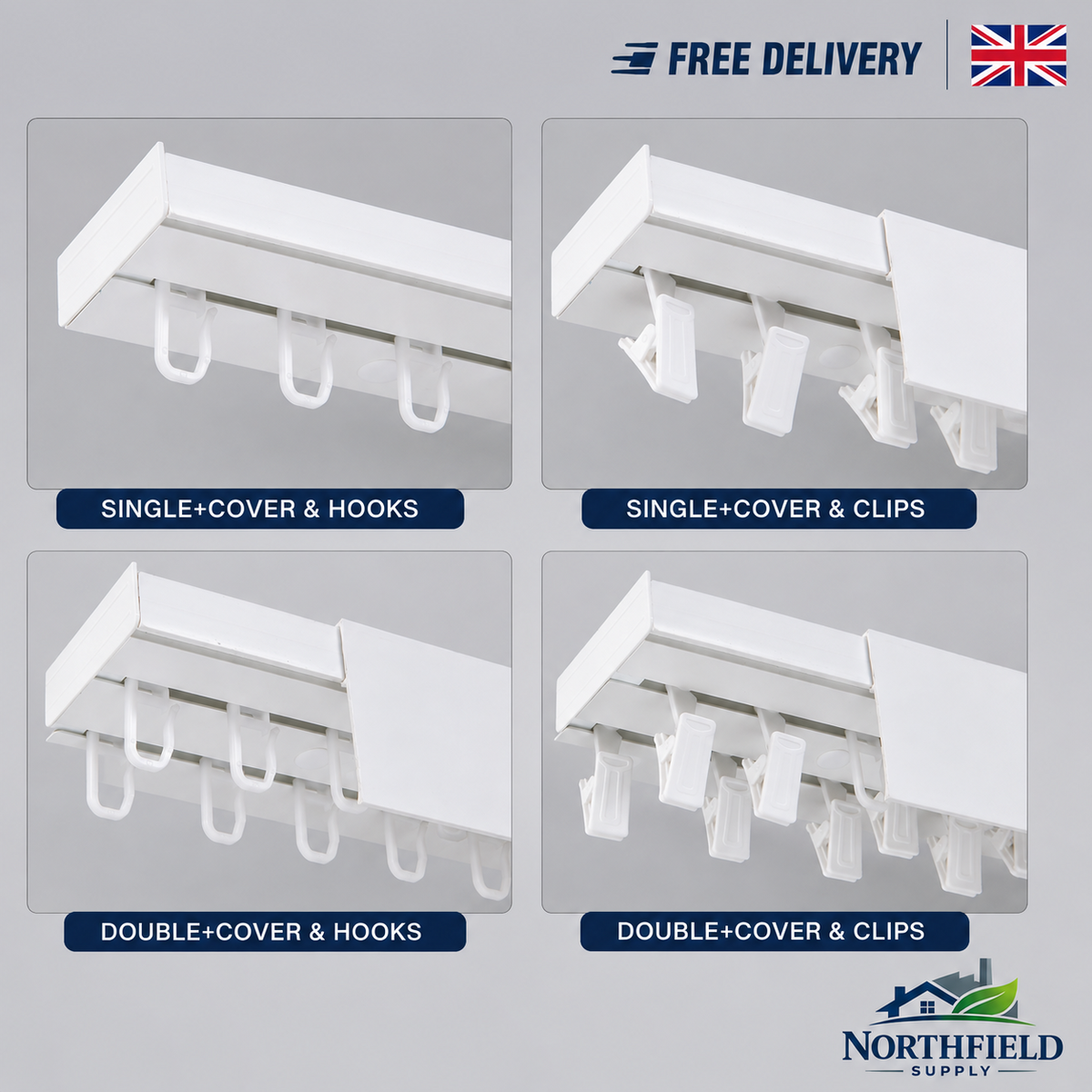 PVC Curtain Rail Track Ceiling Set with Hooks or Clips & White Cover