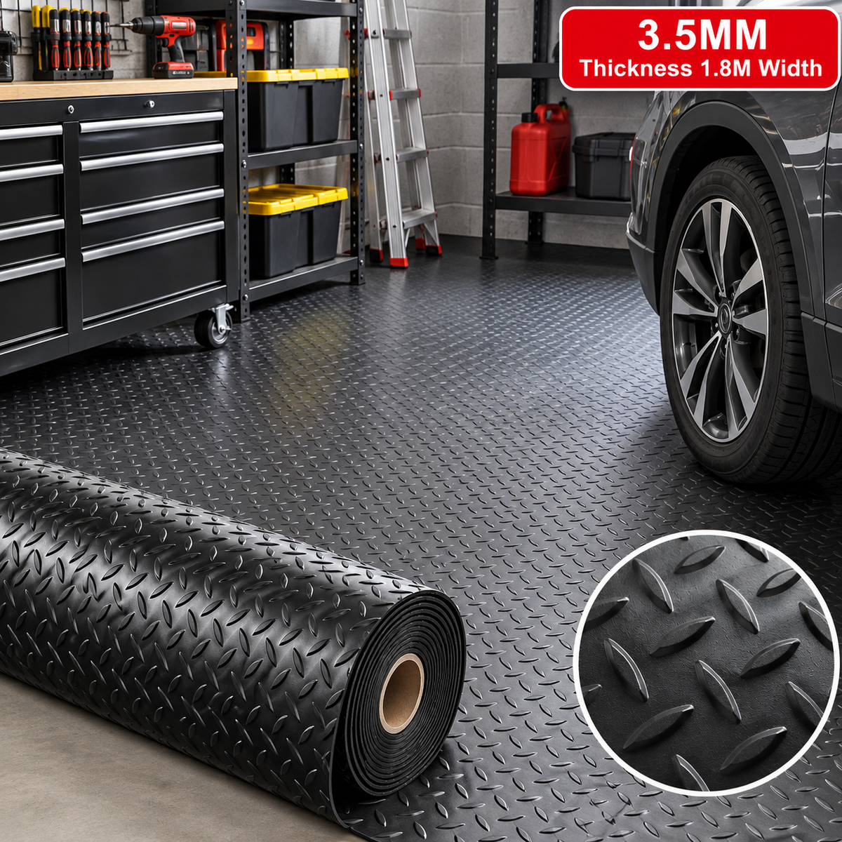 3.5mm Heavy Duty Rubber Flooring Mat Anti Slip Checker Garage 1.8m Wide