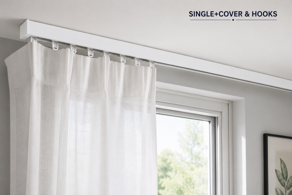 PVC Curtain Rail Track Ceiling Set with Hooks or Clips & White Cover