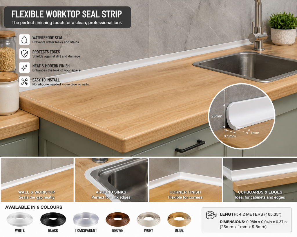 PVC Flexible Worktop Seal Strip Trim 4.2m Kitchen Bathroom Countertop Edging