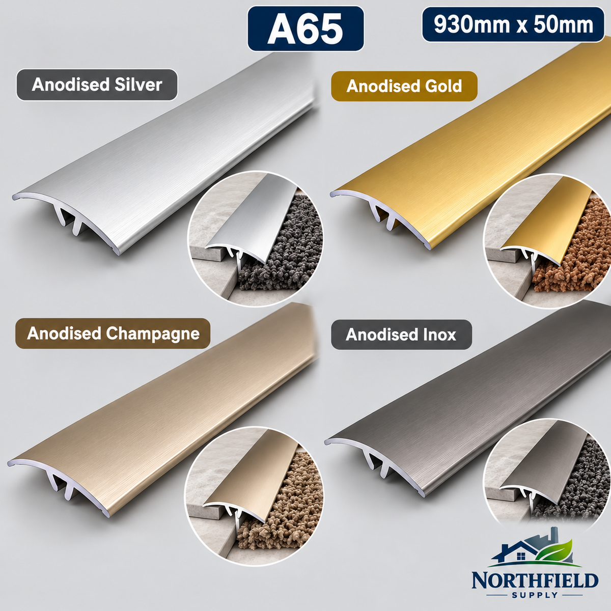Aluminium Door Threshold Strip 50mm Floor Bar Edging Trim 0.93M Transition A65