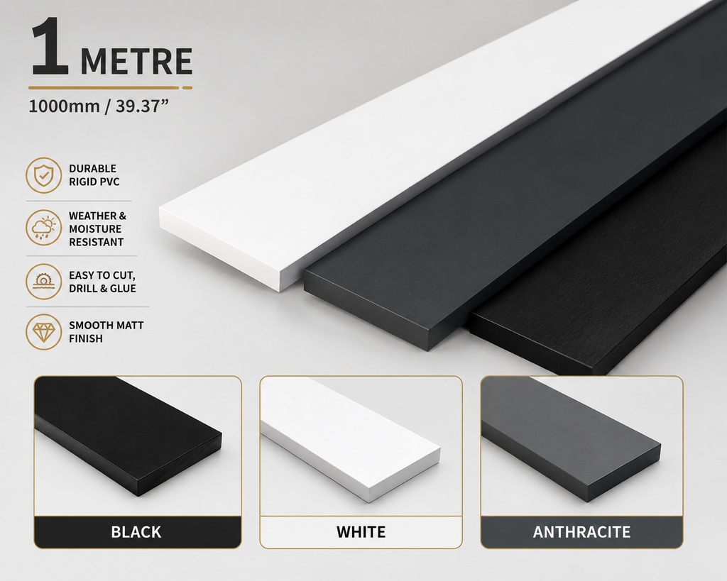 PVC Flat Bar Strip 1M Rigid Plastic Trim White Black Anthracite Various Sizes